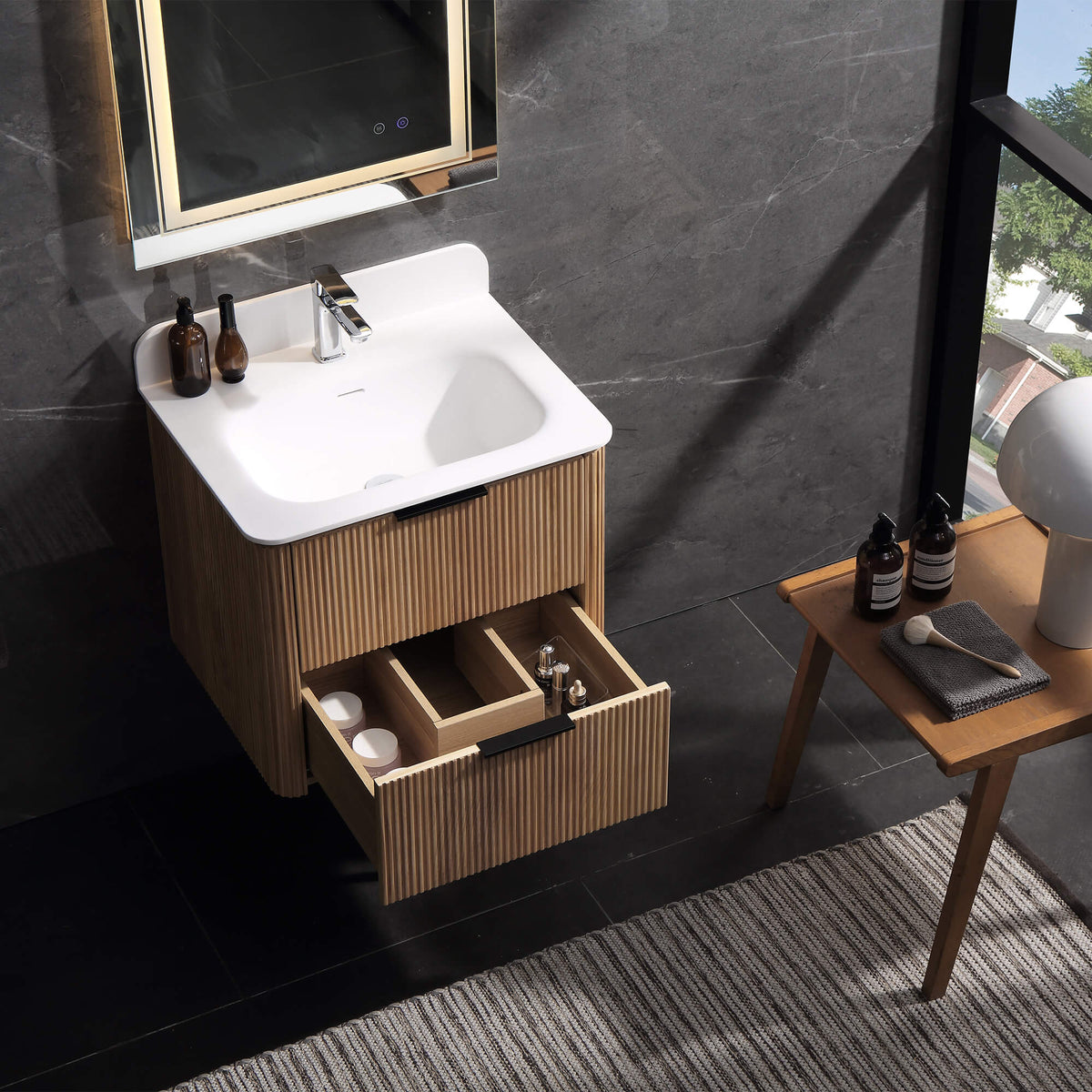 24-Inch Fluted Floating Bathroom Vanity with Integrated Sink & 2 Drawers