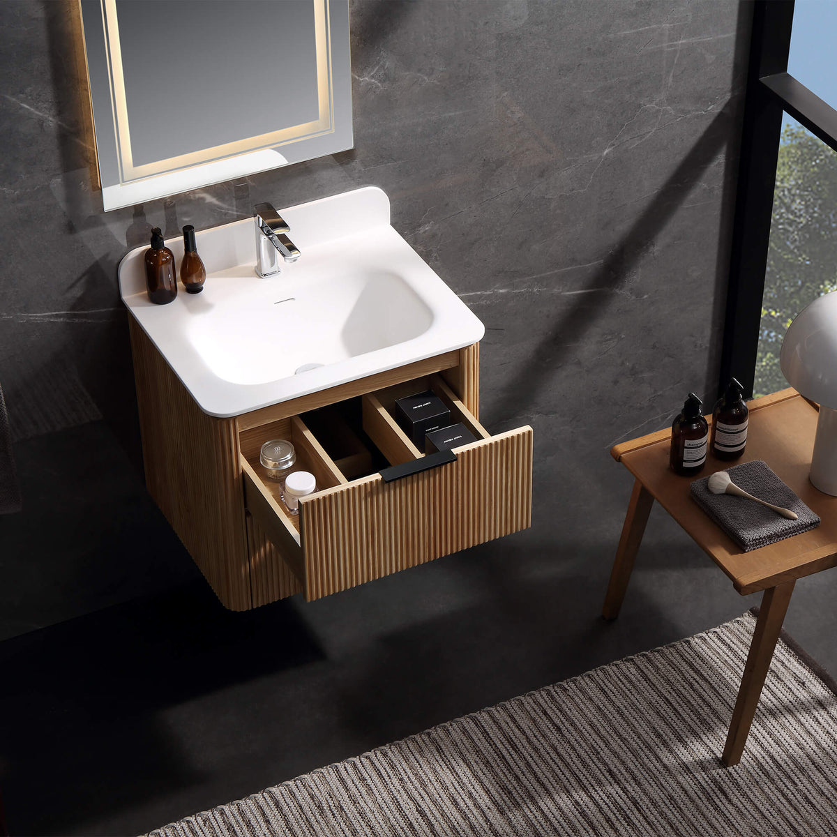24-Inch Fluted Floating Bathroom Vanity with Integrated Sink & 2 Drawers