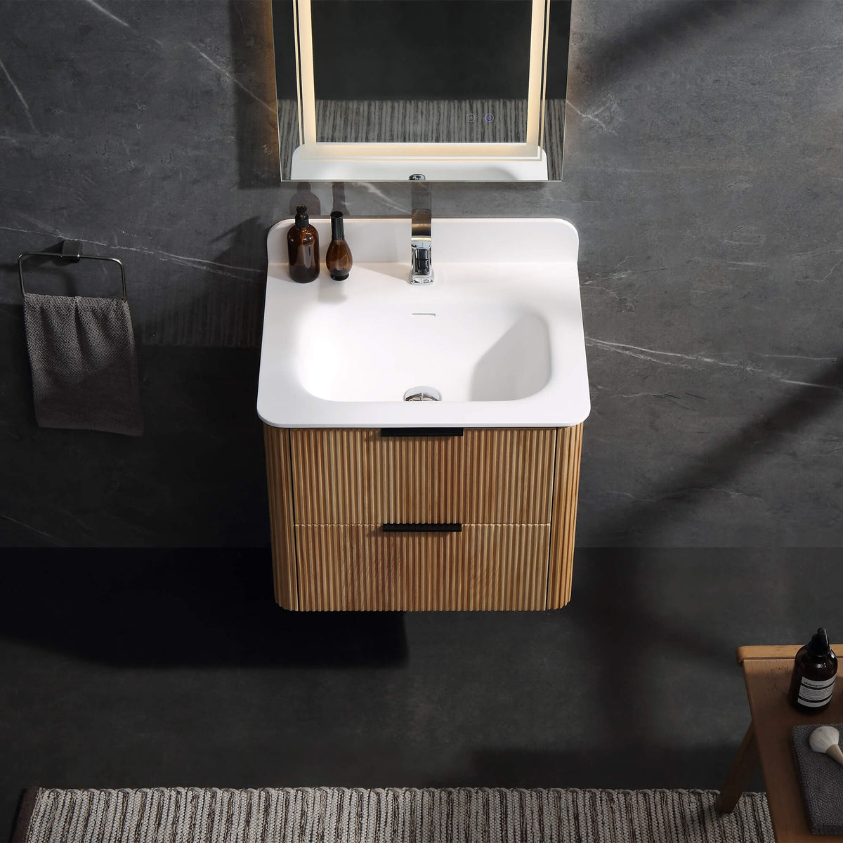 24-Inch Fluted Floating Bathroom Vanity with Integrated Sink & 2 Drawers
