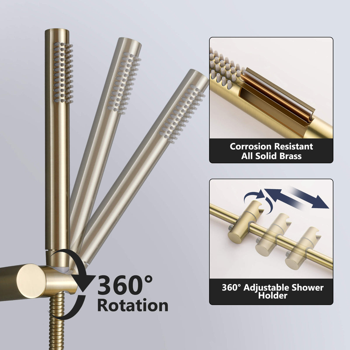 Brushed Gold 3-Handle Wall-Mounted Rain Shower System with Handheld