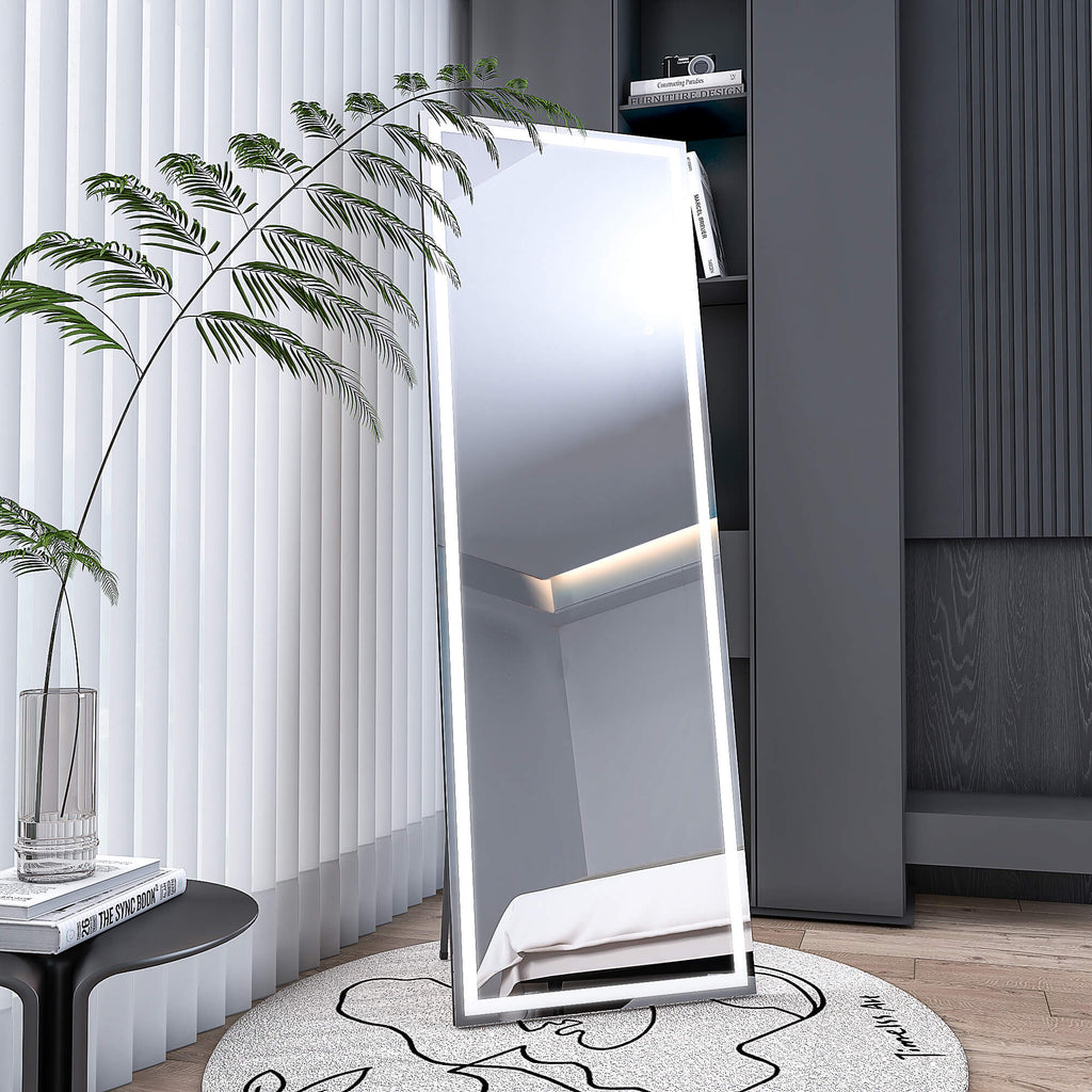 LED Full-Length Mirror Freestanding Lighted Floor Mirror Wall-Mounted 3-Color Dimmable Lighting Hanging Mirror