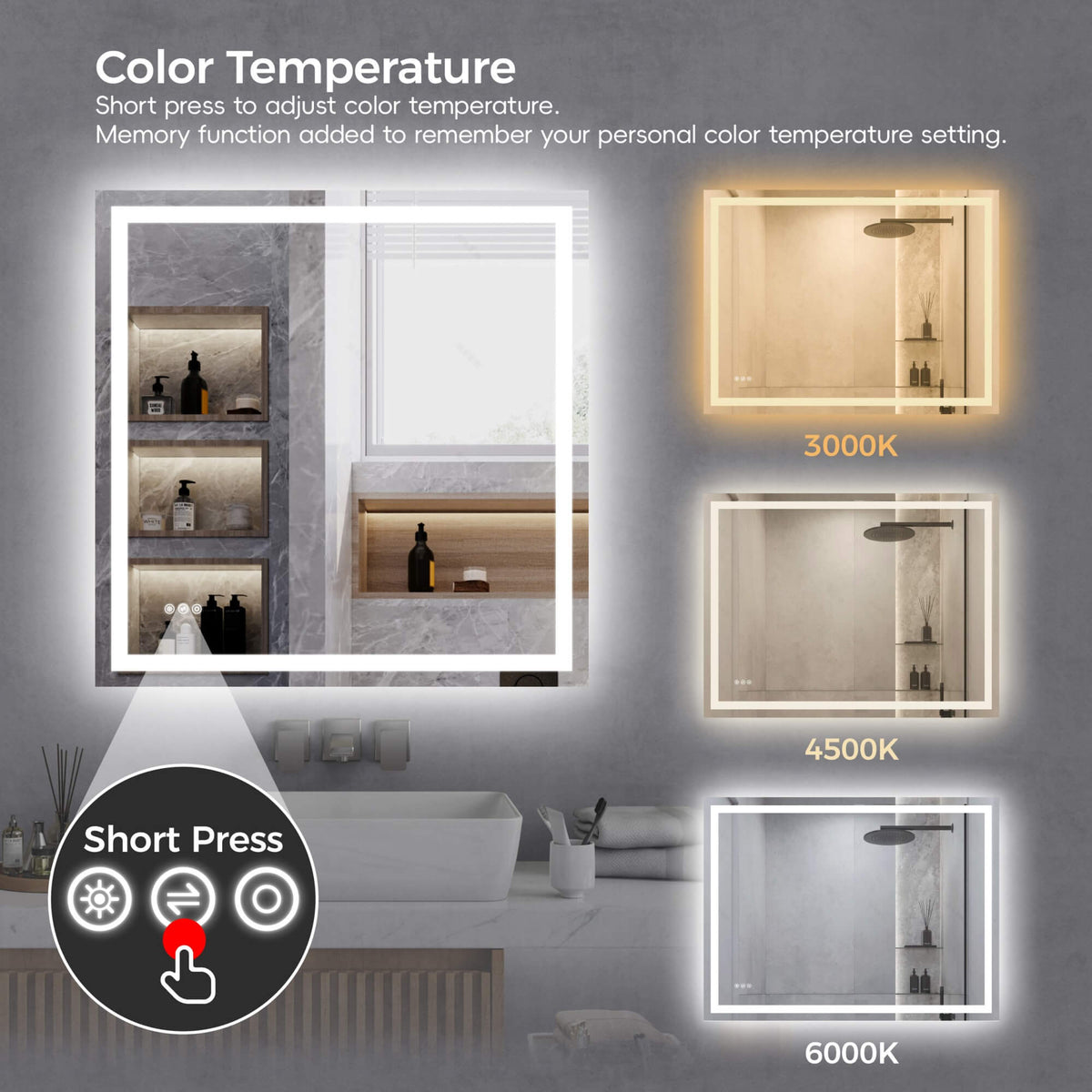LED bathroom mirror with 3000K, 4500K and 6000K three color temperature settings