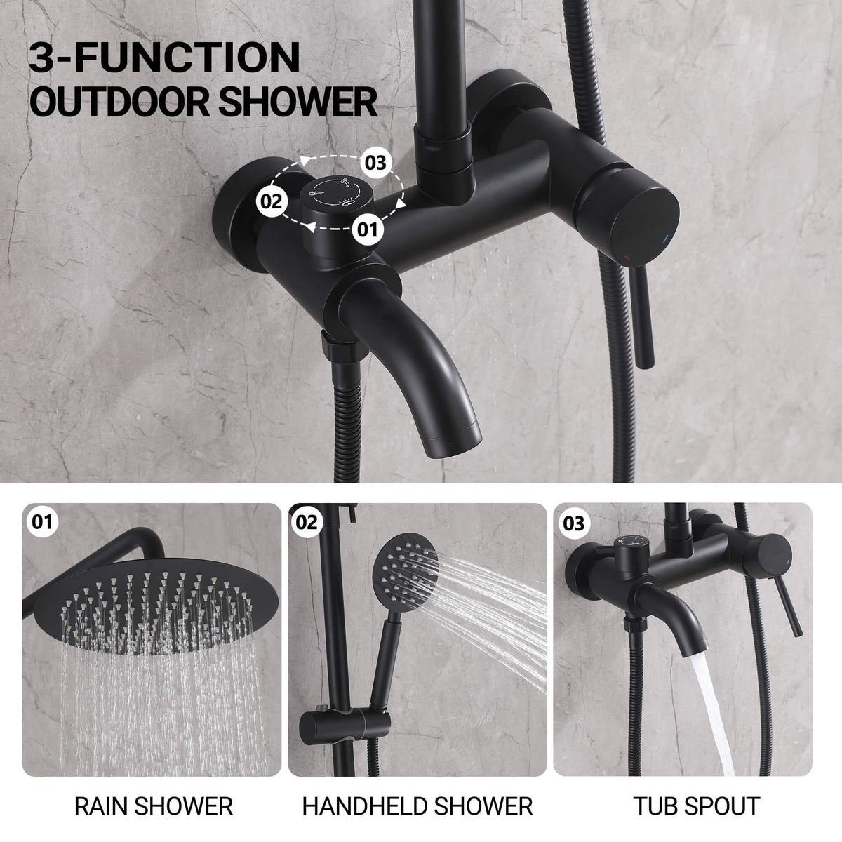 3-function outdoor shower showing rain shower, handheld shower, and tub spout water outlets