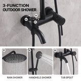 3-function outdoor shower showing rain shower, handheld shower, and tub spout water outlets