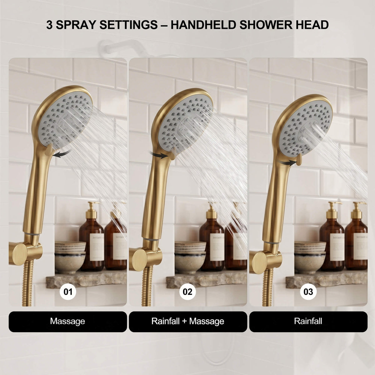 Brushed gold 3-spray handheld shower head with massage rainfall and rainfall massage spray settings