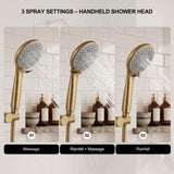Brushed gold 3-spray handheld shower head with massage rainfall and rainfall massage spray settings