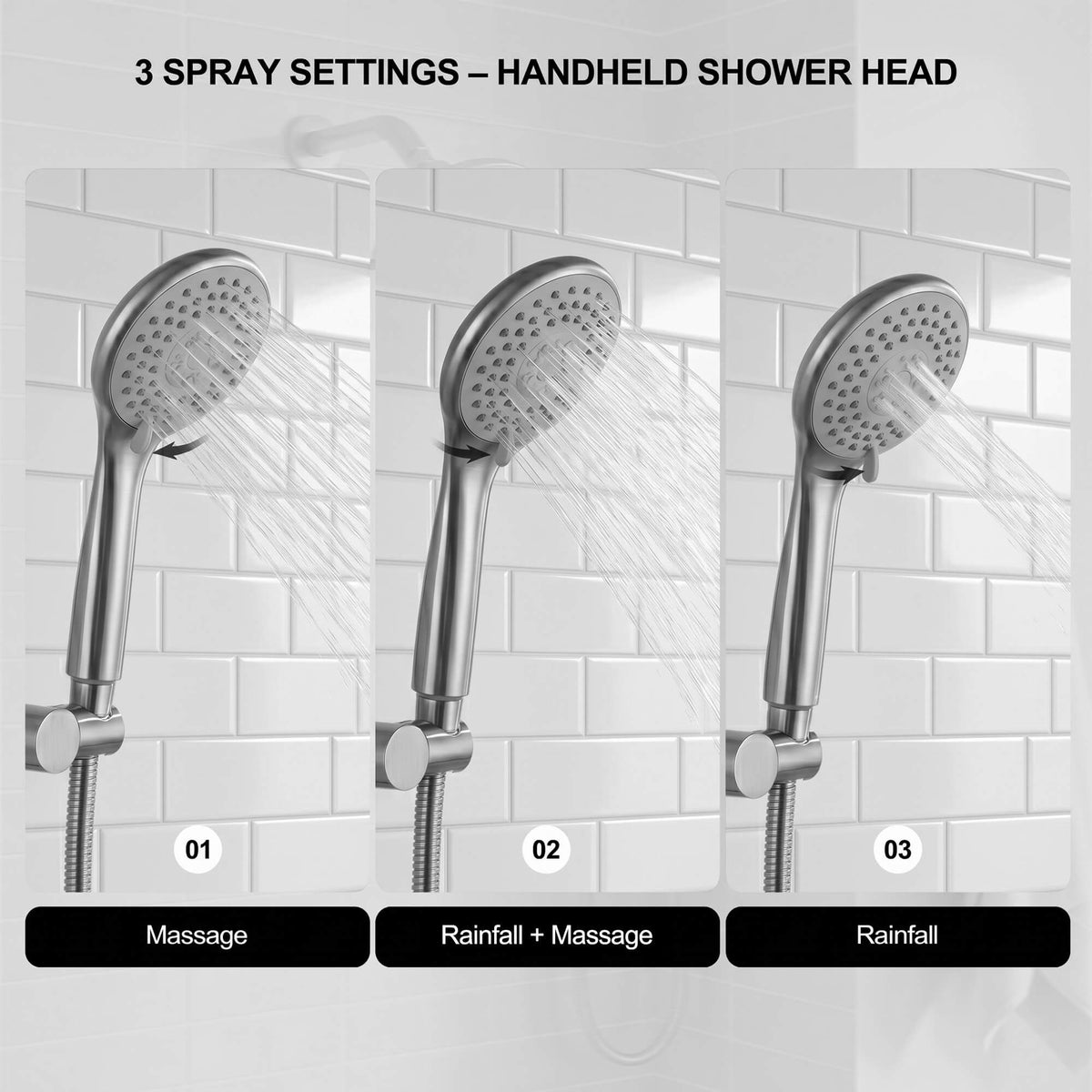 Brushed nickel 3-spray handheld shower head with massage rainfall and rainfall massage spray settings