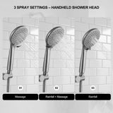 Brushed nickel 3-spray handheld shower head with massage rainfall and rainfall massage spray settings