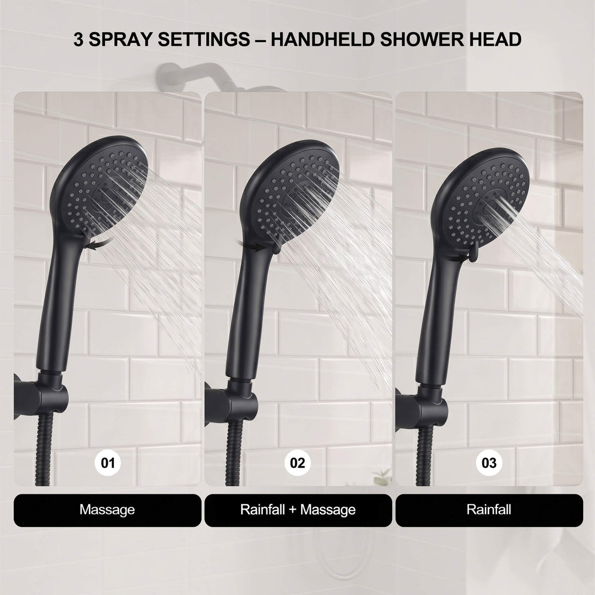 Matte black 3-spray handheld shower head with massage rainfall and rainfall massage spray settings