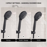 Matte black 3-spray handheld shower head with massage rainfall and rainfall massage spray settings