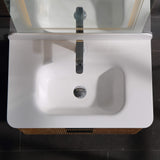 Integrated white sink and countertop on 30-inch floating bathroom vanity
