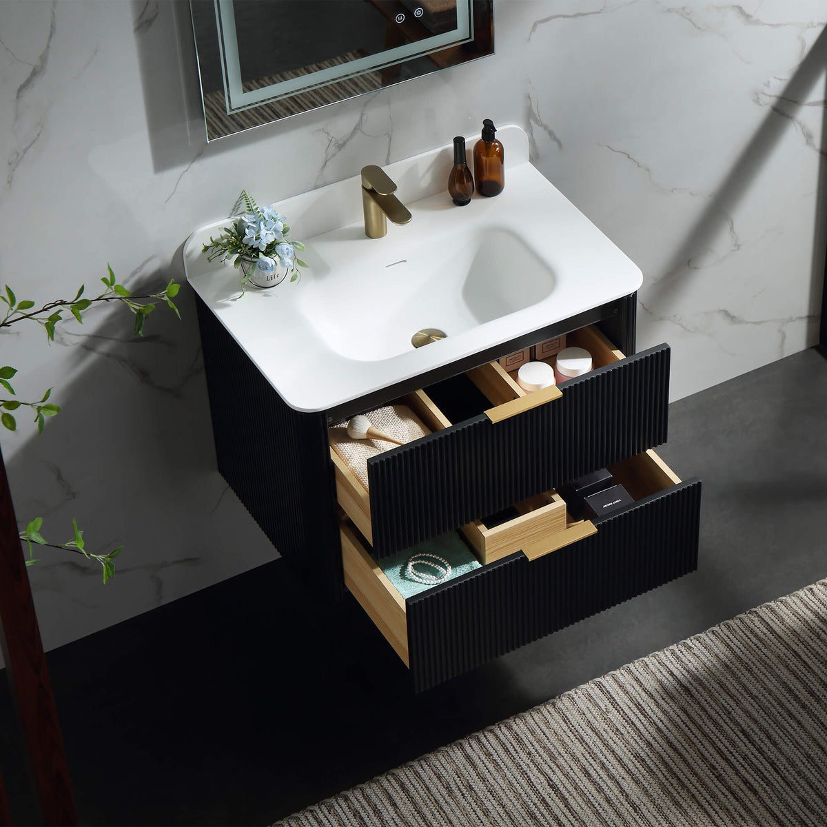 30-Inch Fluted Floating Bathroom Vanity with Integrated Sink & 2 Drawers