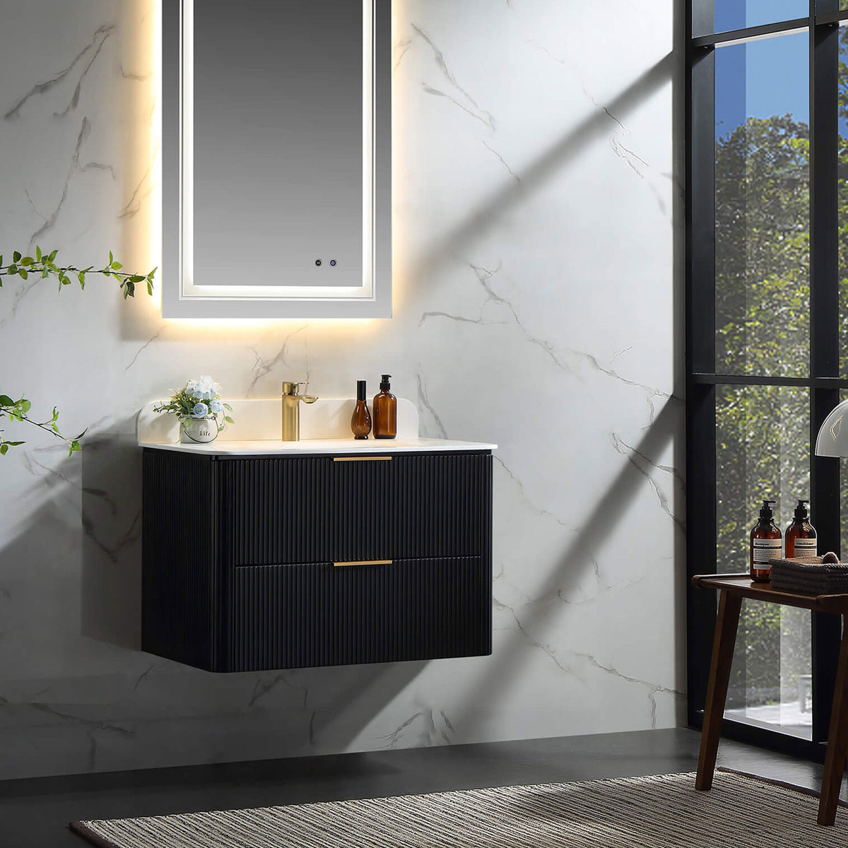 30-Inch Fluted Floating Bathroom Vanity with Integrated Sink & 2 Drawers