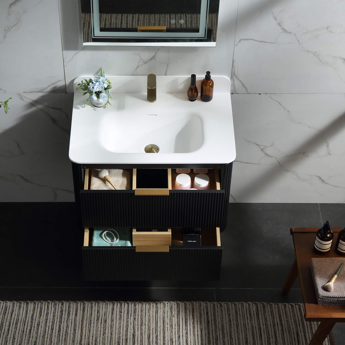 30-Inch Fluted Floating Bathroom Vanity with Integrated Sink & 2 Drawers