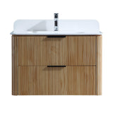 Front view of 30-inch fluted wood floating vanity with integrated white sink