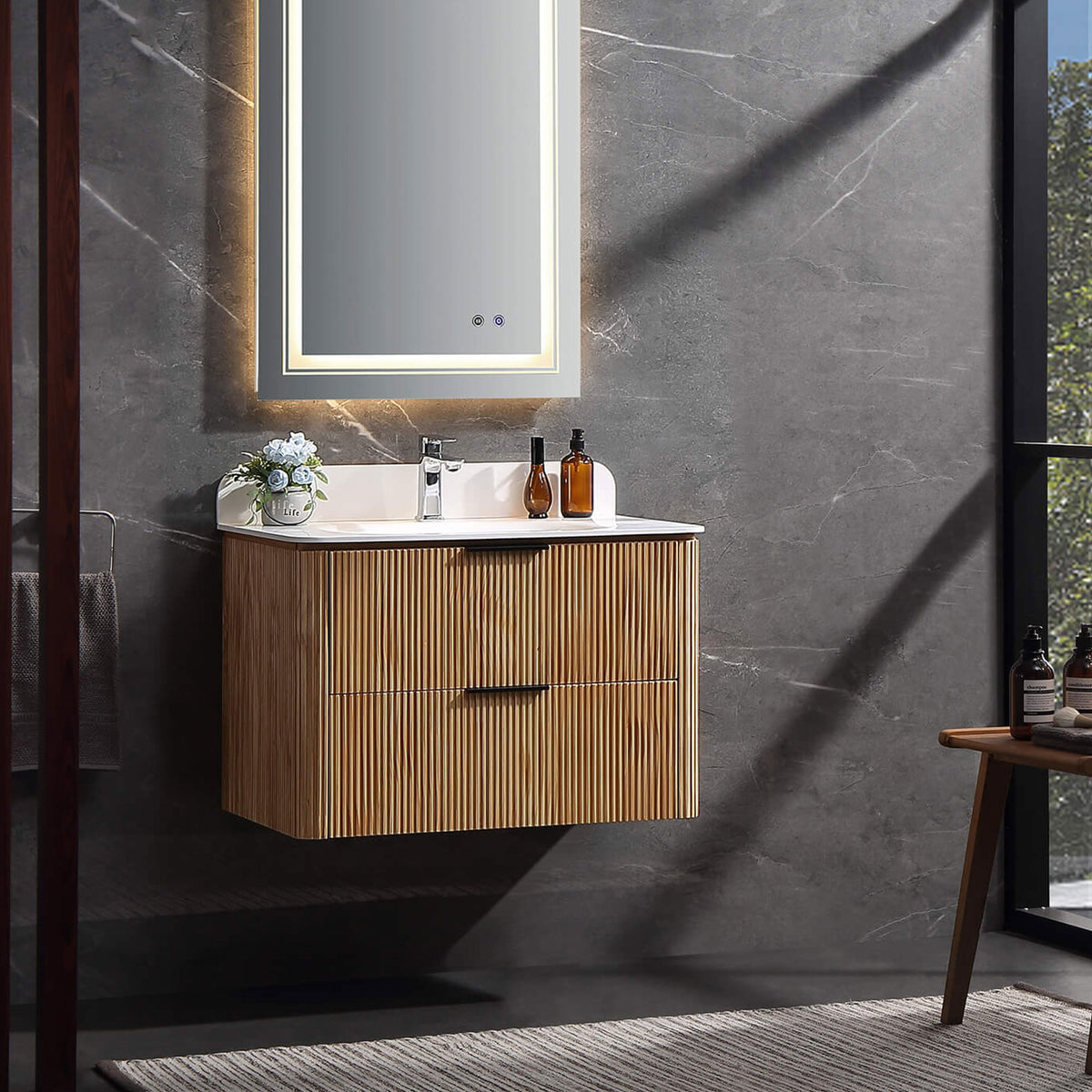 30-inch natural wood floating bathroom vanity with fluted drawer fronts and white sink