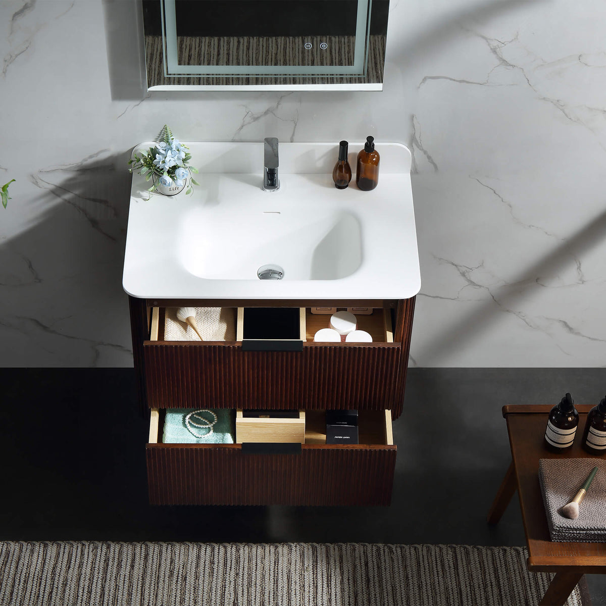 30-Inch Fluted Floating Bathroom Vanity with Integrated Sink & 2 Drawers