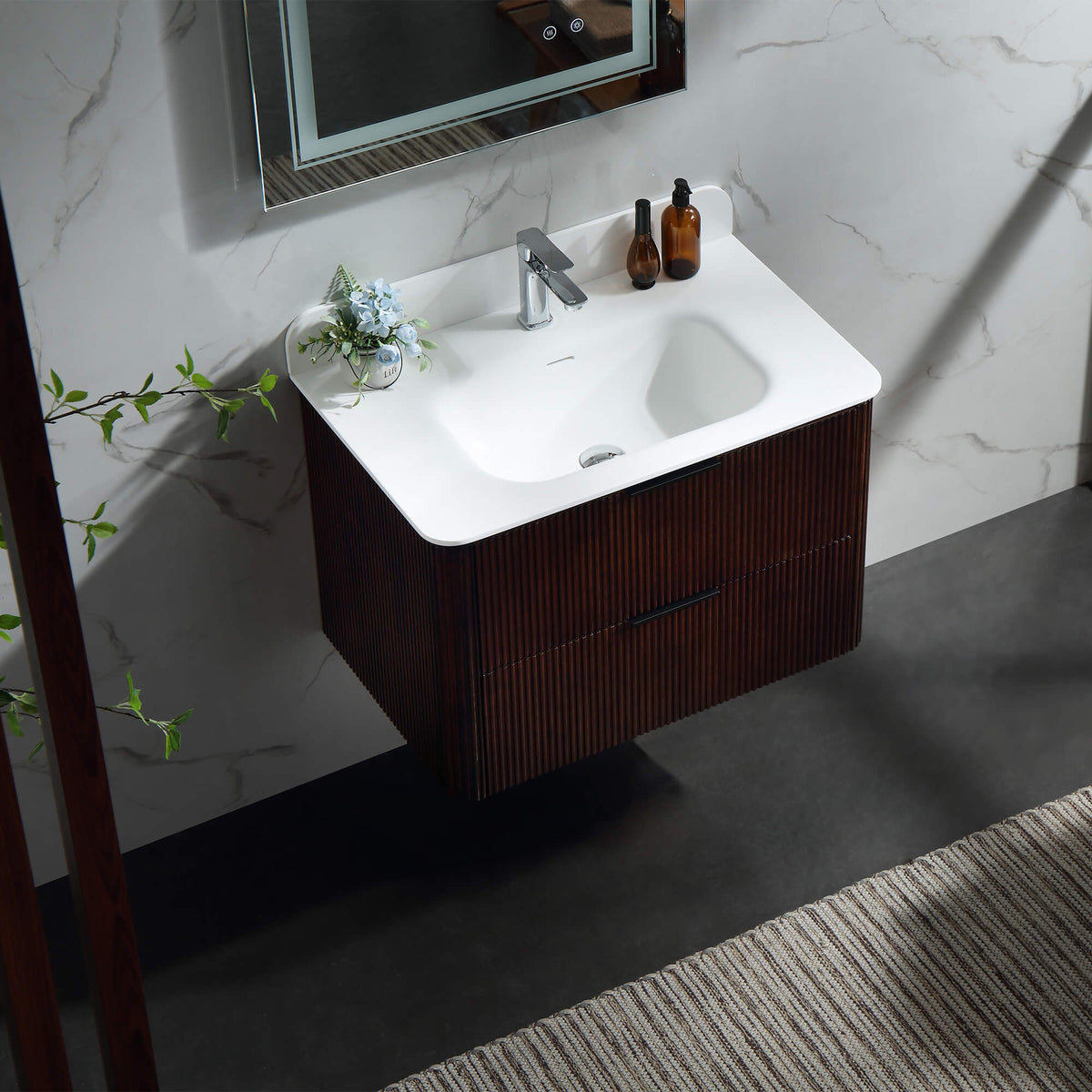 30-Inch Fluted Floating Bathroom Vanity with Integrated Sink & 2 Drawers
