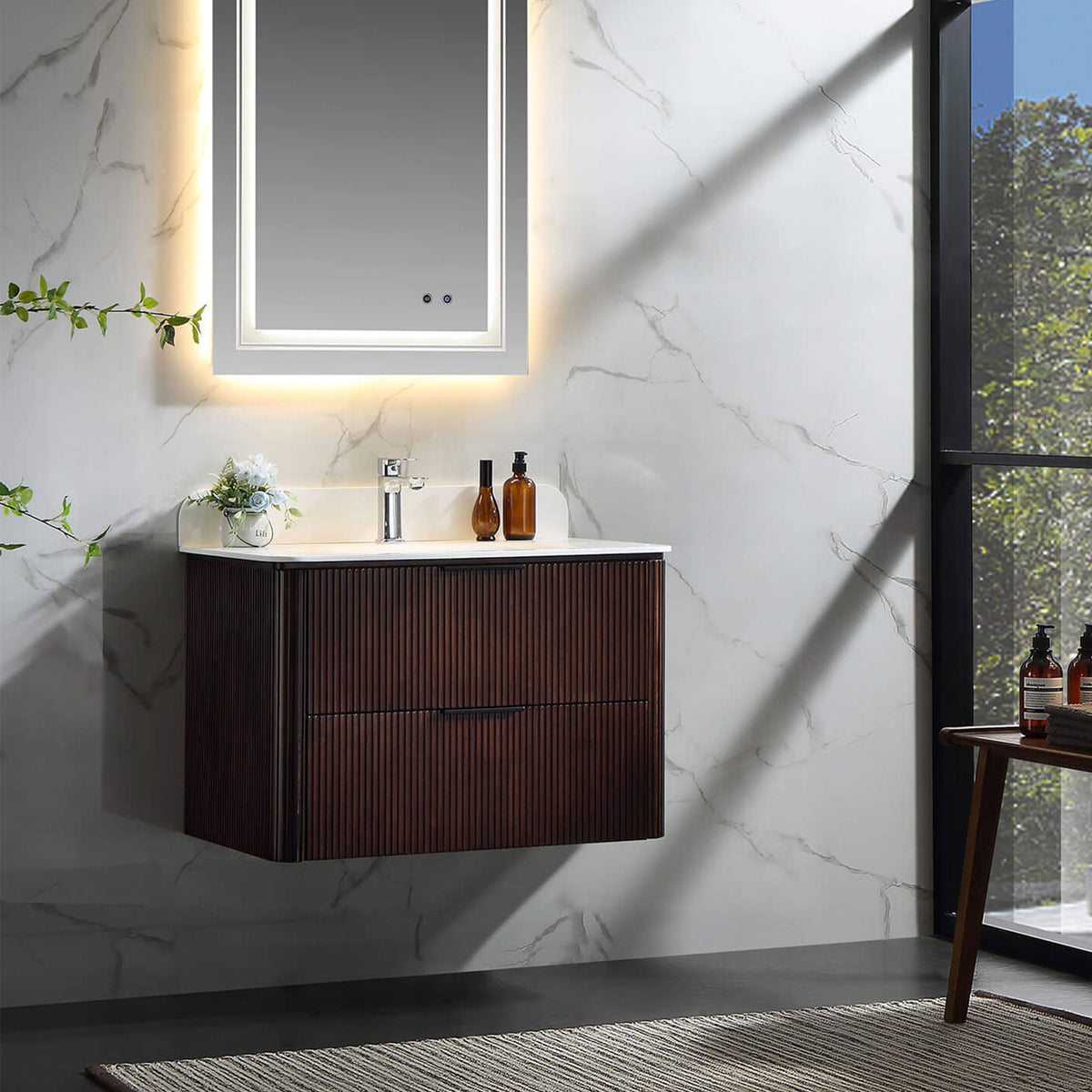 30-Inch Fluted Floating Bathroom Vanity with Integrated Sink & 2 Drawers
