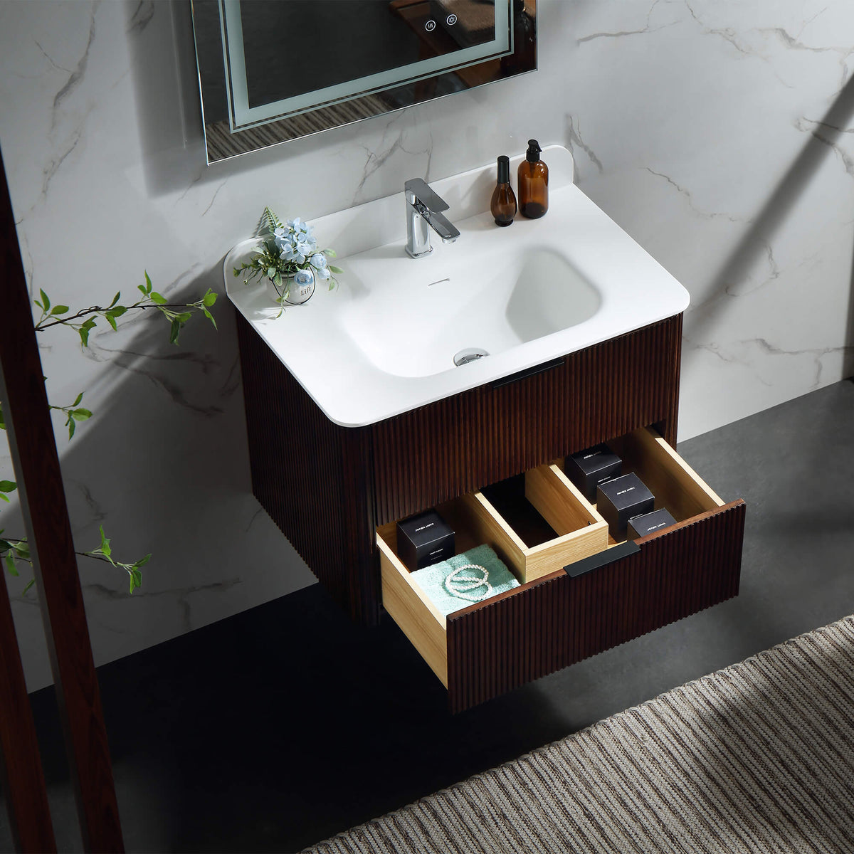 30-Inch Fluted Floating Bathroom Vanity with Integrated Sink & 2 Drawers