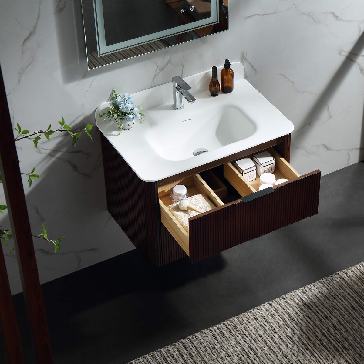 30-Inch Fluted Floating Bathroom Vanity with Integrated Sink & 2 Drawers