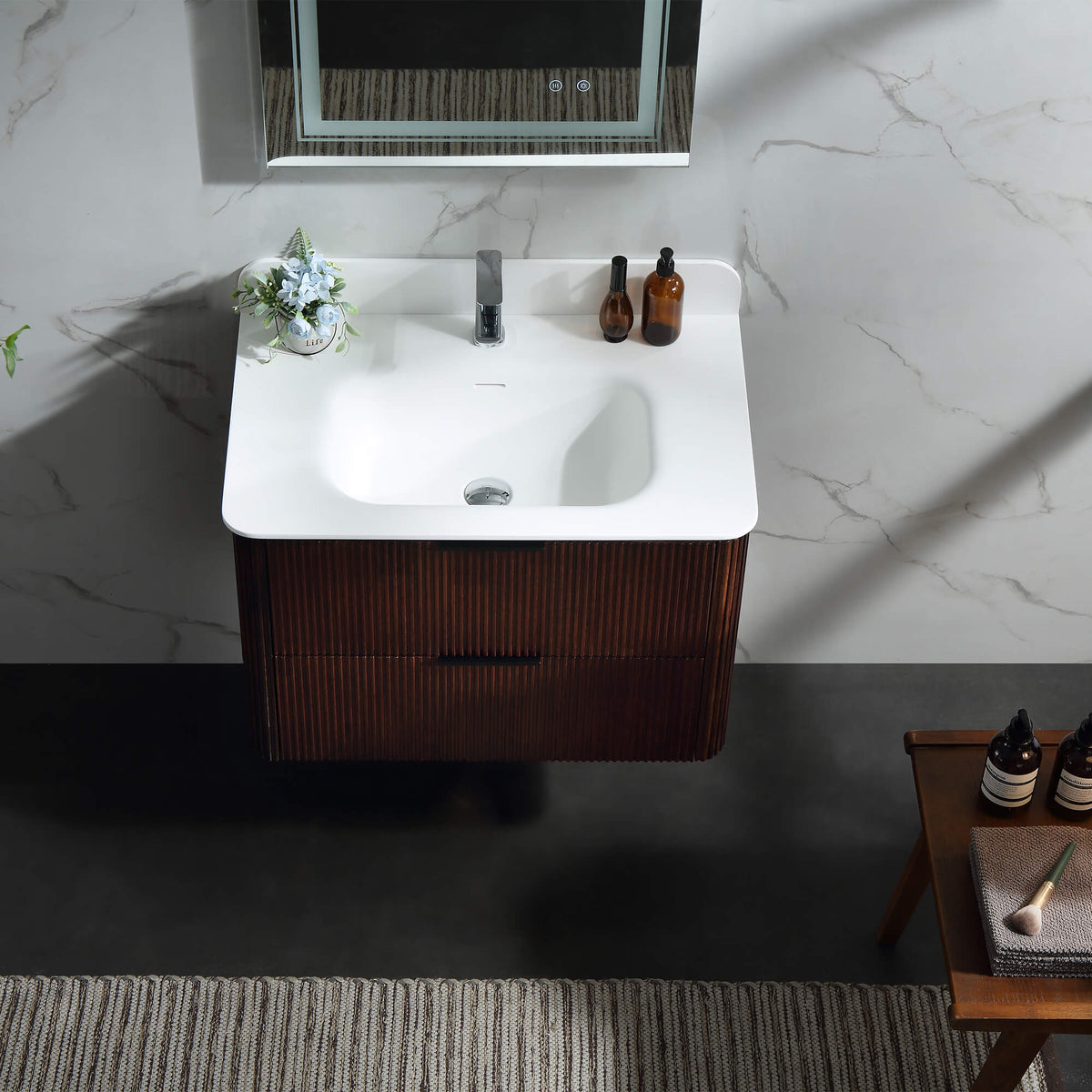 30-Inch Fluted Floating Bathroom Vanity with Integrated Sink & 2 Drawers