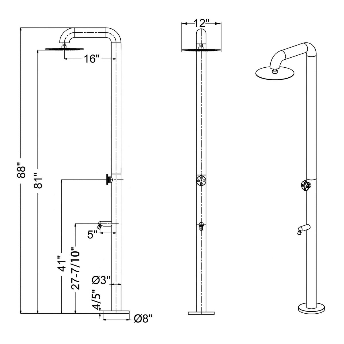 Freestanding Poolside Outdoor Shower with 12-Inch Rainfall Head, Foot Rinse Spout, Shelf & Towel Hook