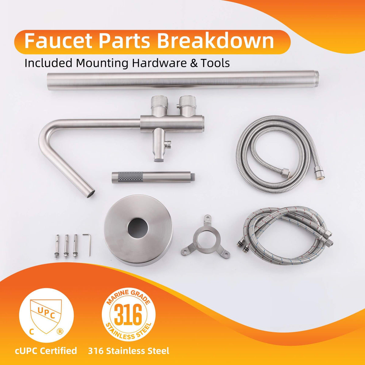 Parts breakdown of 316 stainless steel outdoor tub faucet with mounting hardware and handheld shower