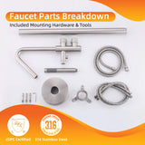 Parts breakdown of 316 stainless steel outdoor tub faucet with mounting hardware and handheld shower