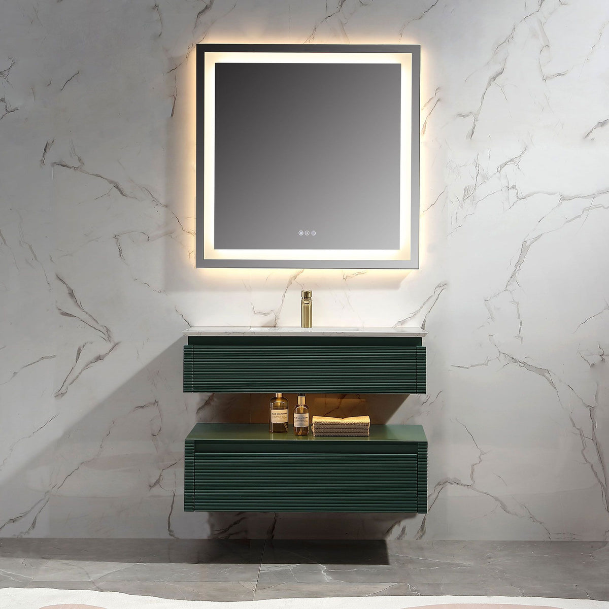36-Inch Deep Green Floating Bathroom Vanity with Artificial Marble Top