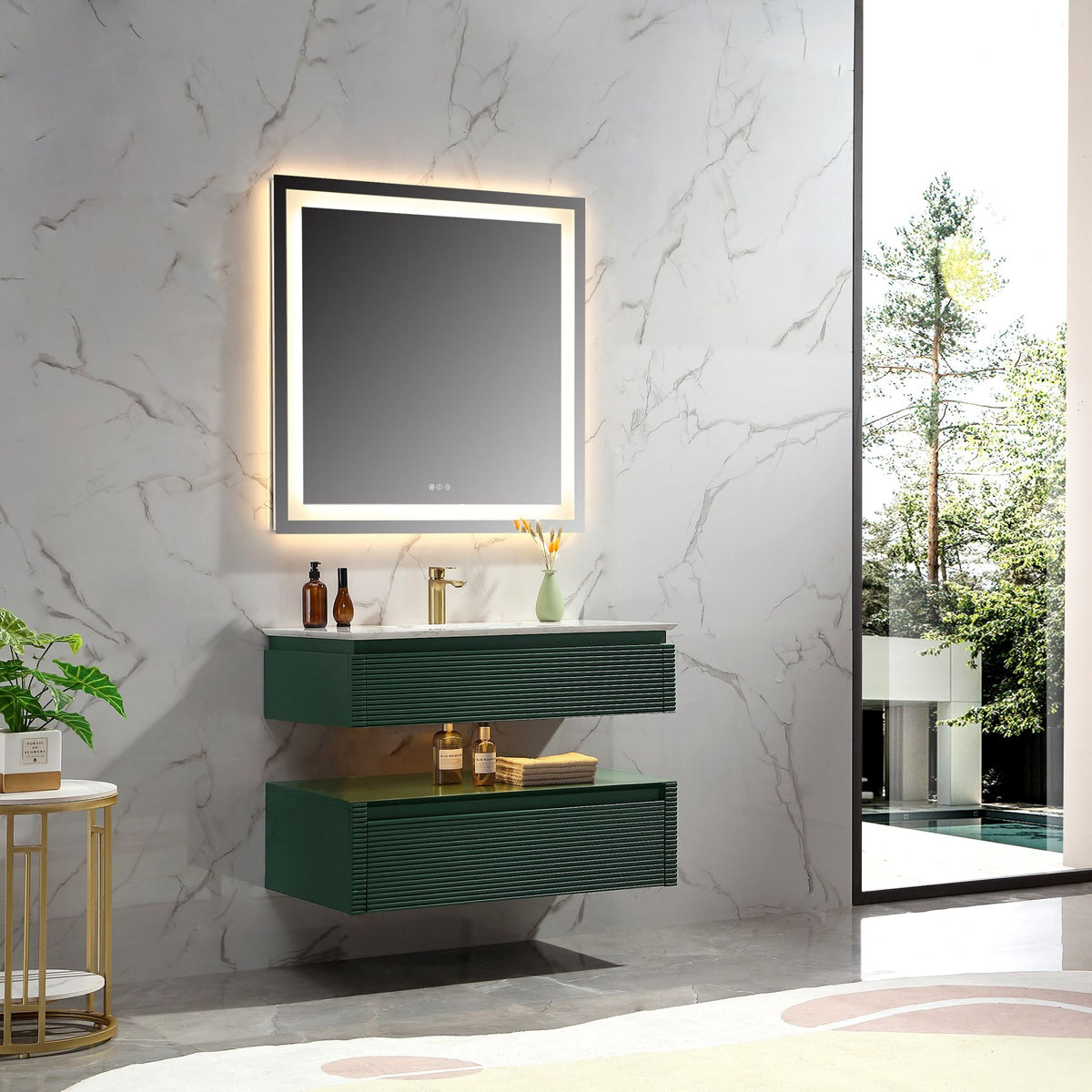 36-Inch Deep Green Floating Bathroom Vanity with Artificial Marble Top