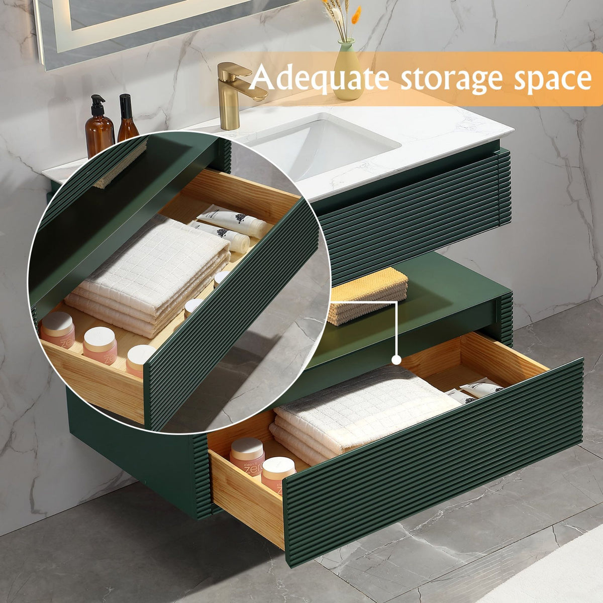 36-Inch Deep Green Floating Bathroom Vanity with Artificial Marble Top