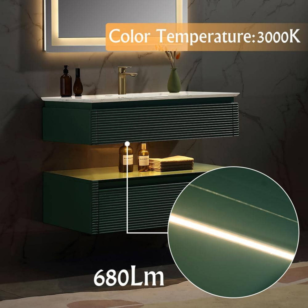 36-Inch Deep Green Floating Bathroom Vanity with Artificial Marble Top