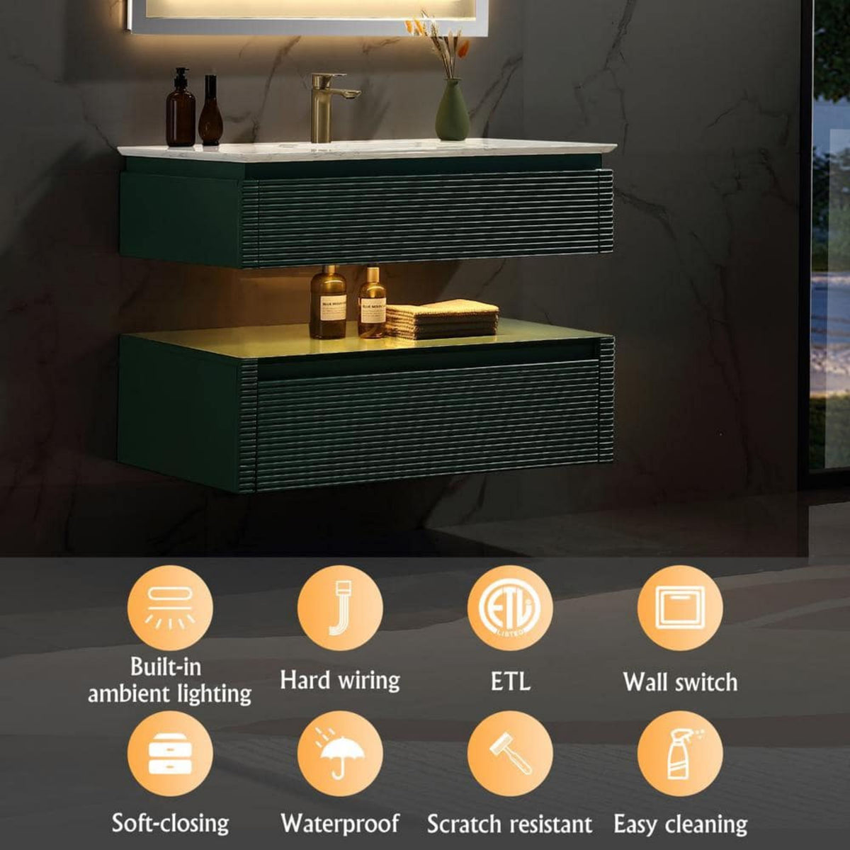 36-Inch Deep Green Floating Bathroom Vanity with Artificial Marble Top