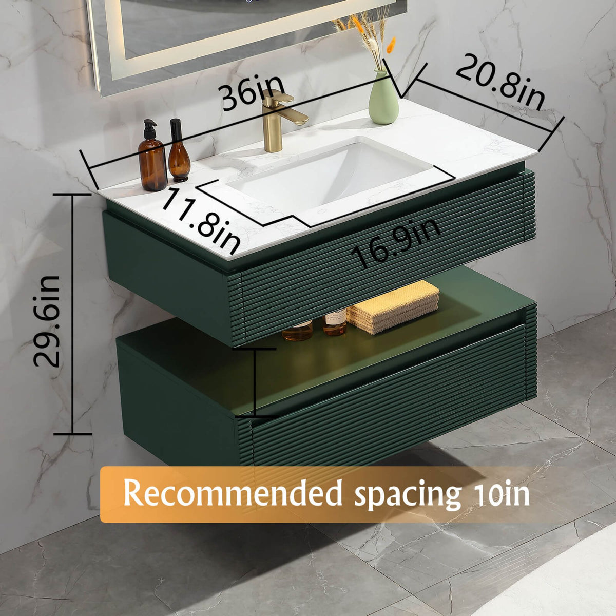 36-Inch Deep Green Floating Bathroom Vanity with Artificial Marble Top