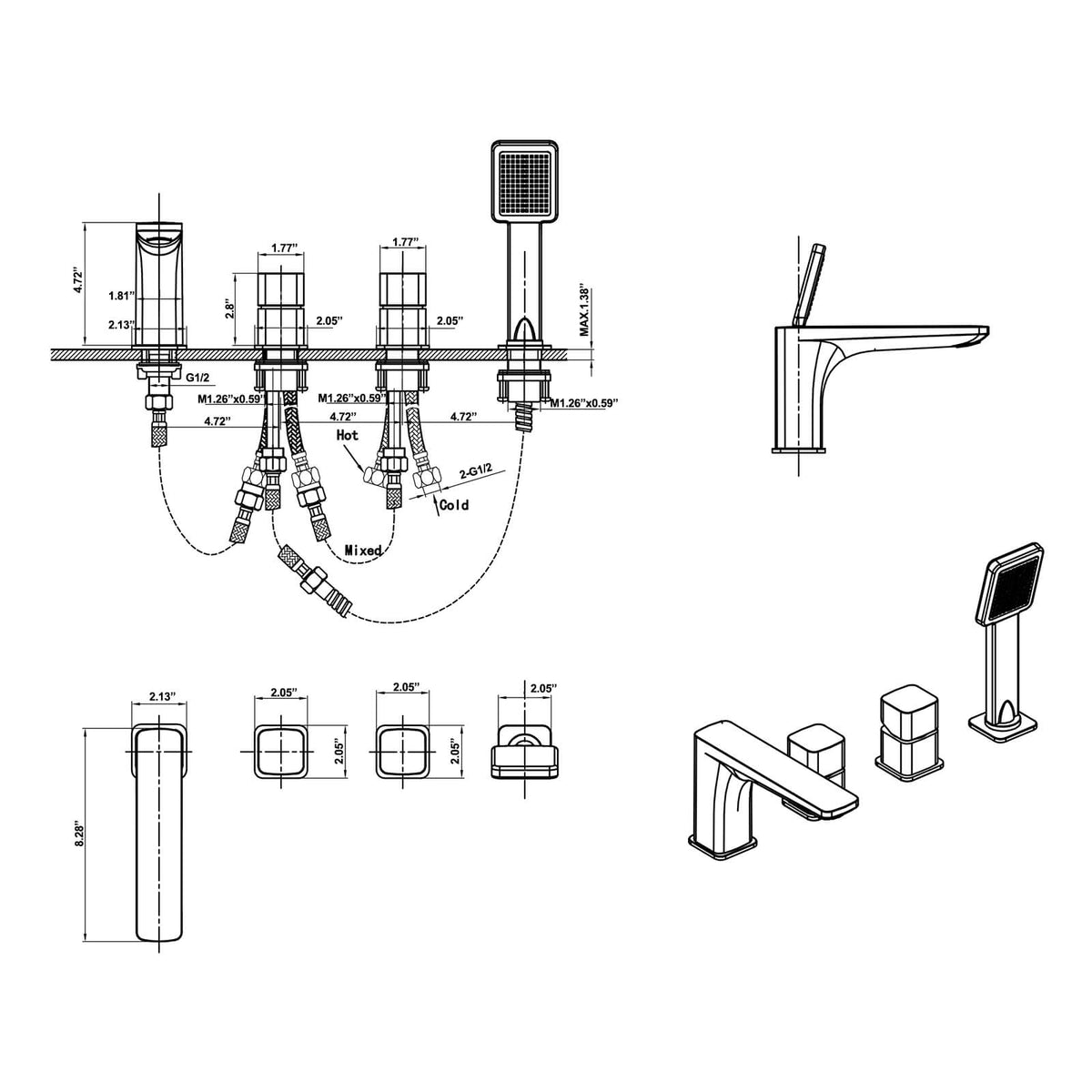 4-Hole Deck-Mount Tub Faucet with Extended Spout and Hand Shower