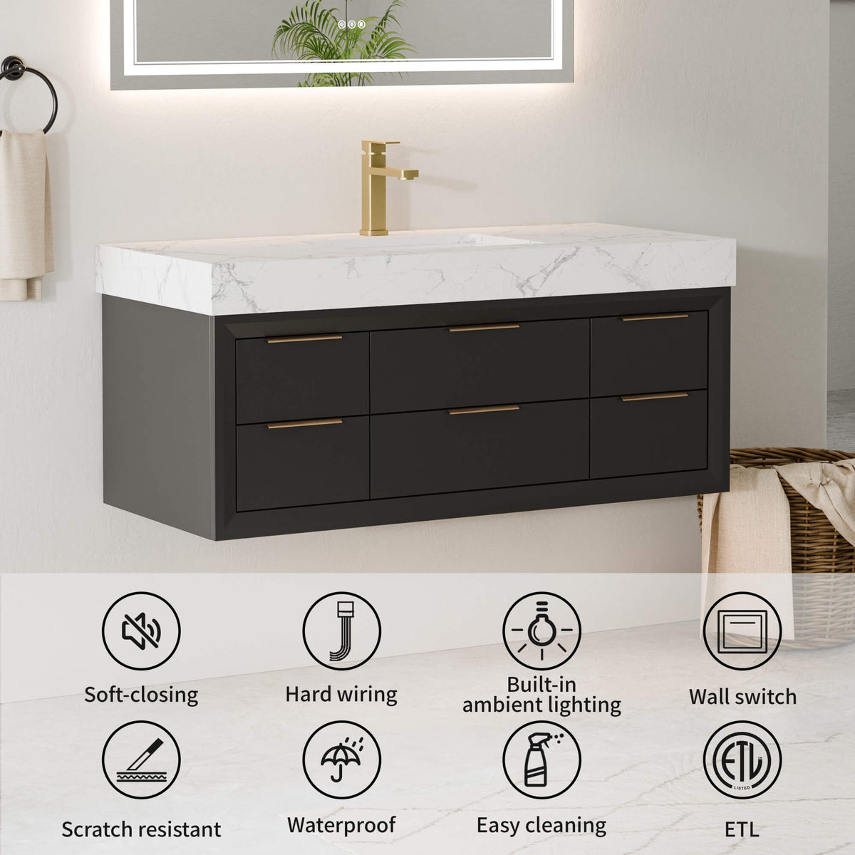 48-Inch Floating Bathroom Vanity with Sink, 6 Drawers & LED Lighting