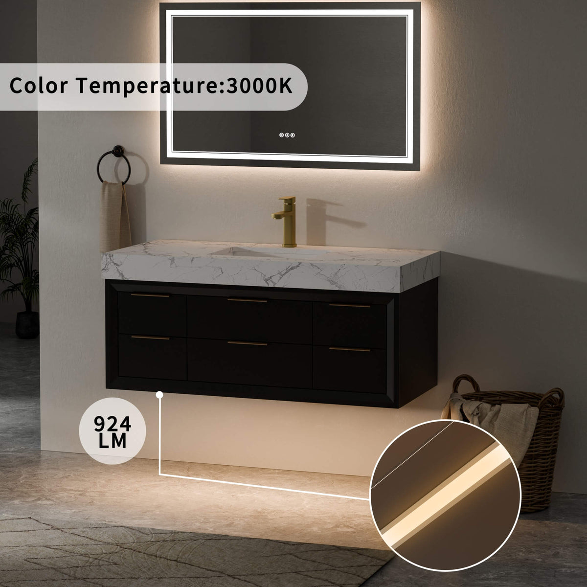 48-Inch Floating Bathroom Vanity with Sink, 6 Drawers & LED Lighting