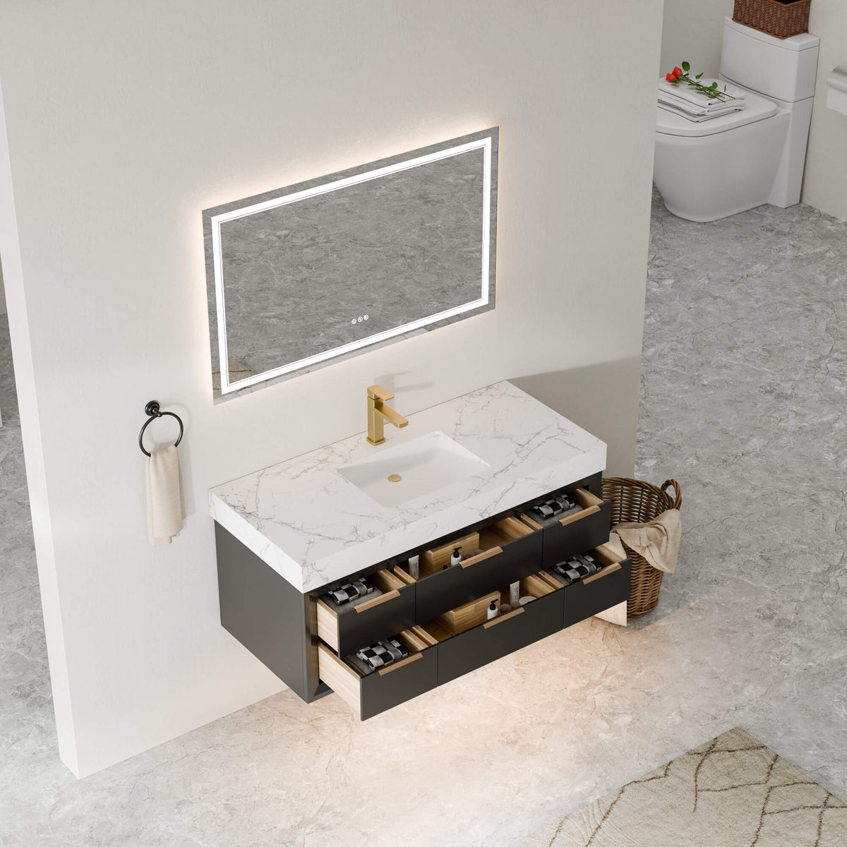 48-Inch Floating Bathroom Vanity with Sink, 6 Drawers & LED Lighting
