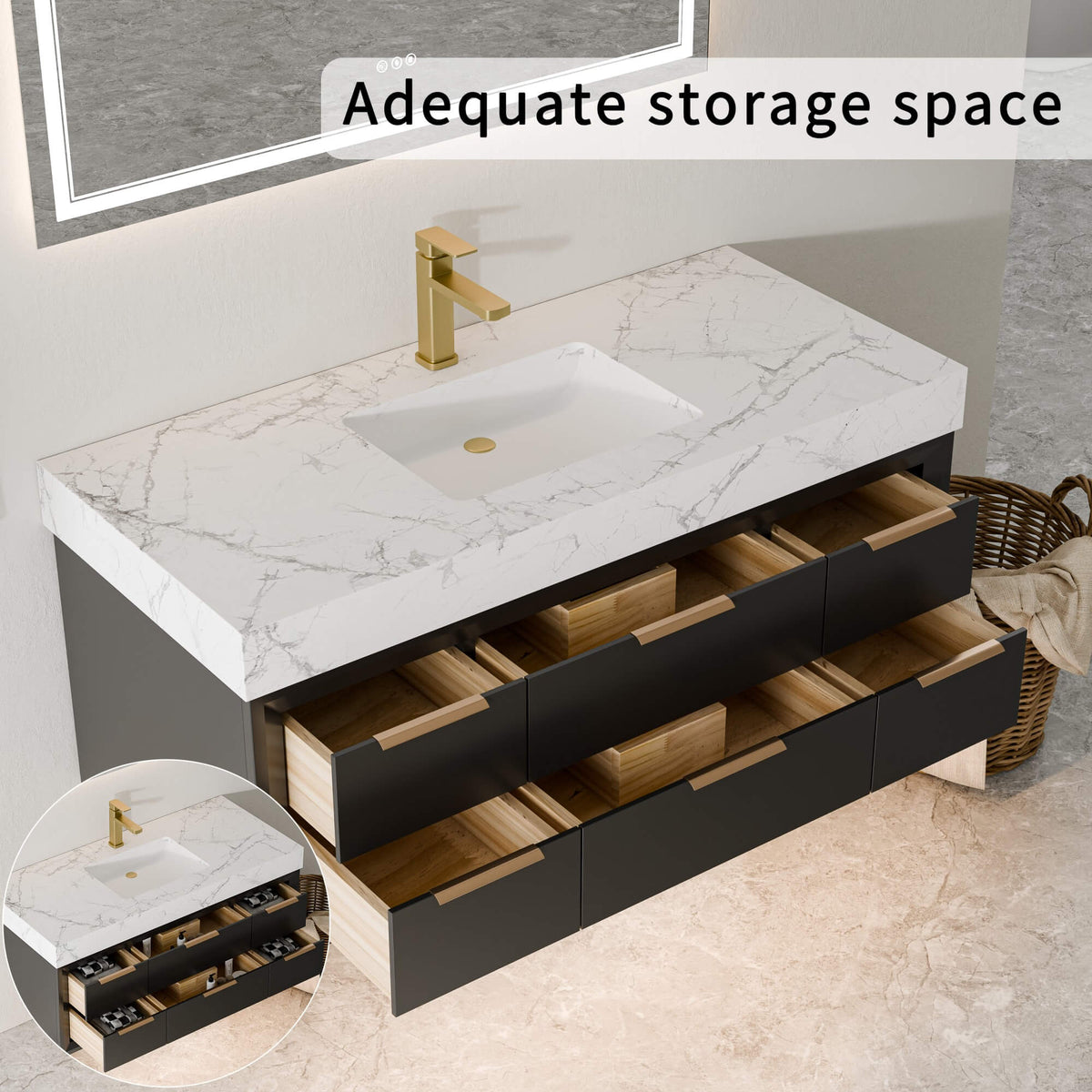 48-Inch Floating Bathroom Vanity with Sink, 6 Drawers & LED Lighting