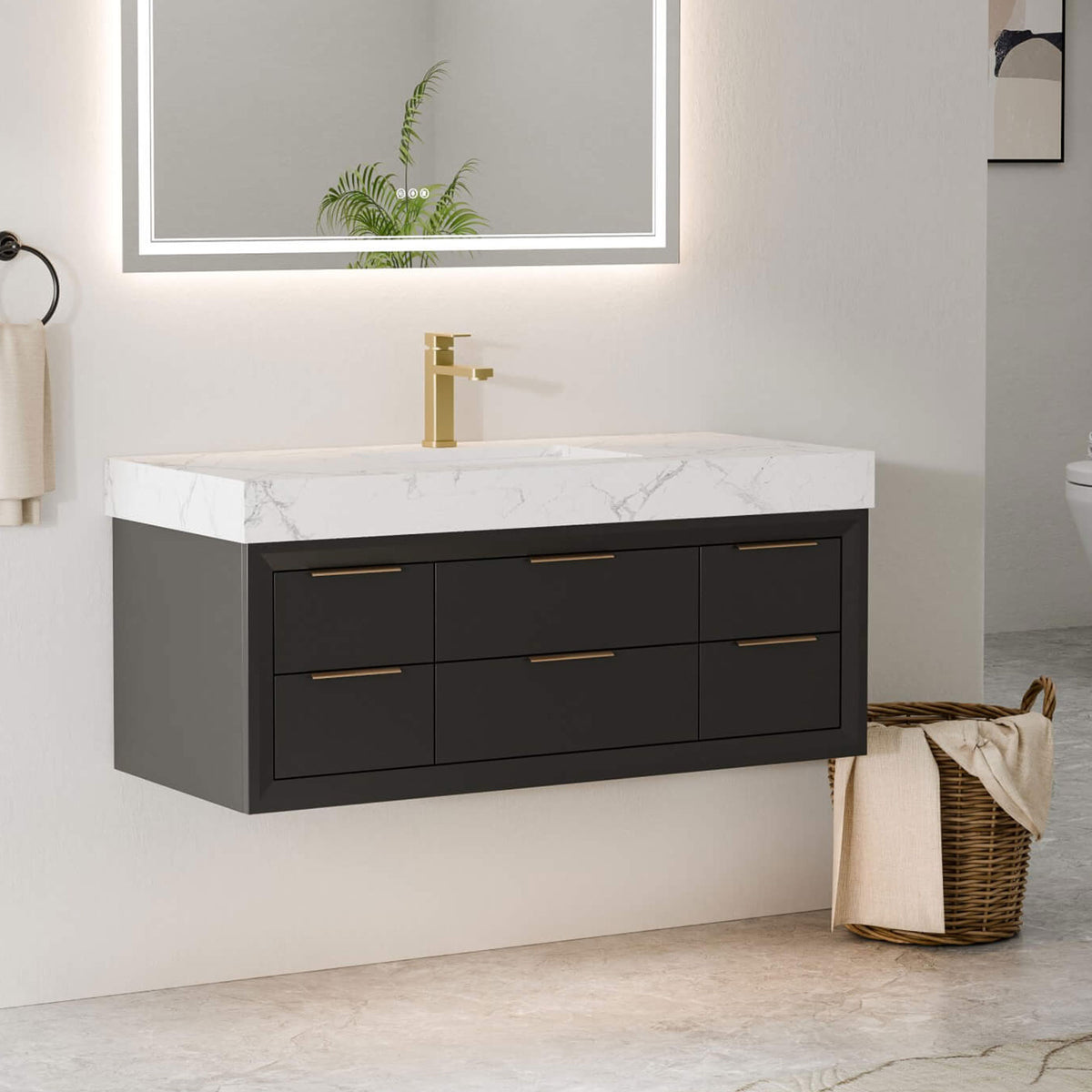 48-Inch Floating Bathroom Vanity with Sink, 6 Drawers & LED Lighting