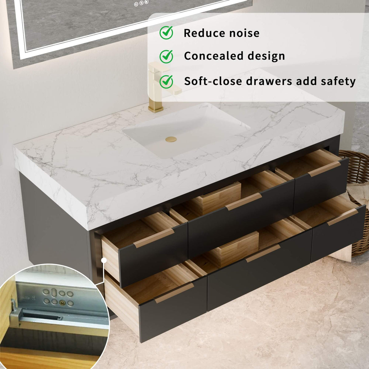48-Inch Floating Bathroom Vanity with Sink, 6 Drawers & LED Lighting