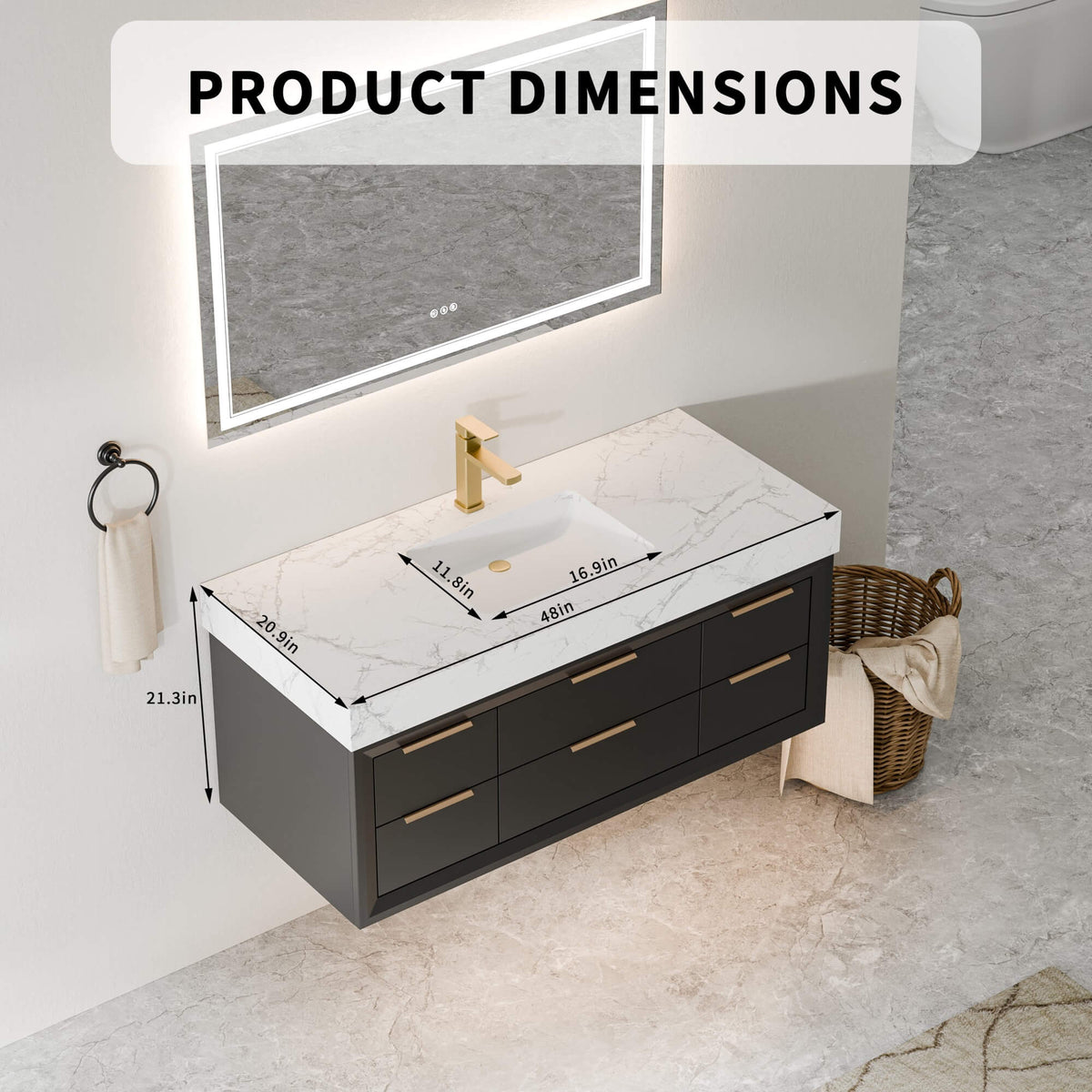48-Inch Floating Bathroom Vanity with Sink, 6 Drawers & LED Lighting