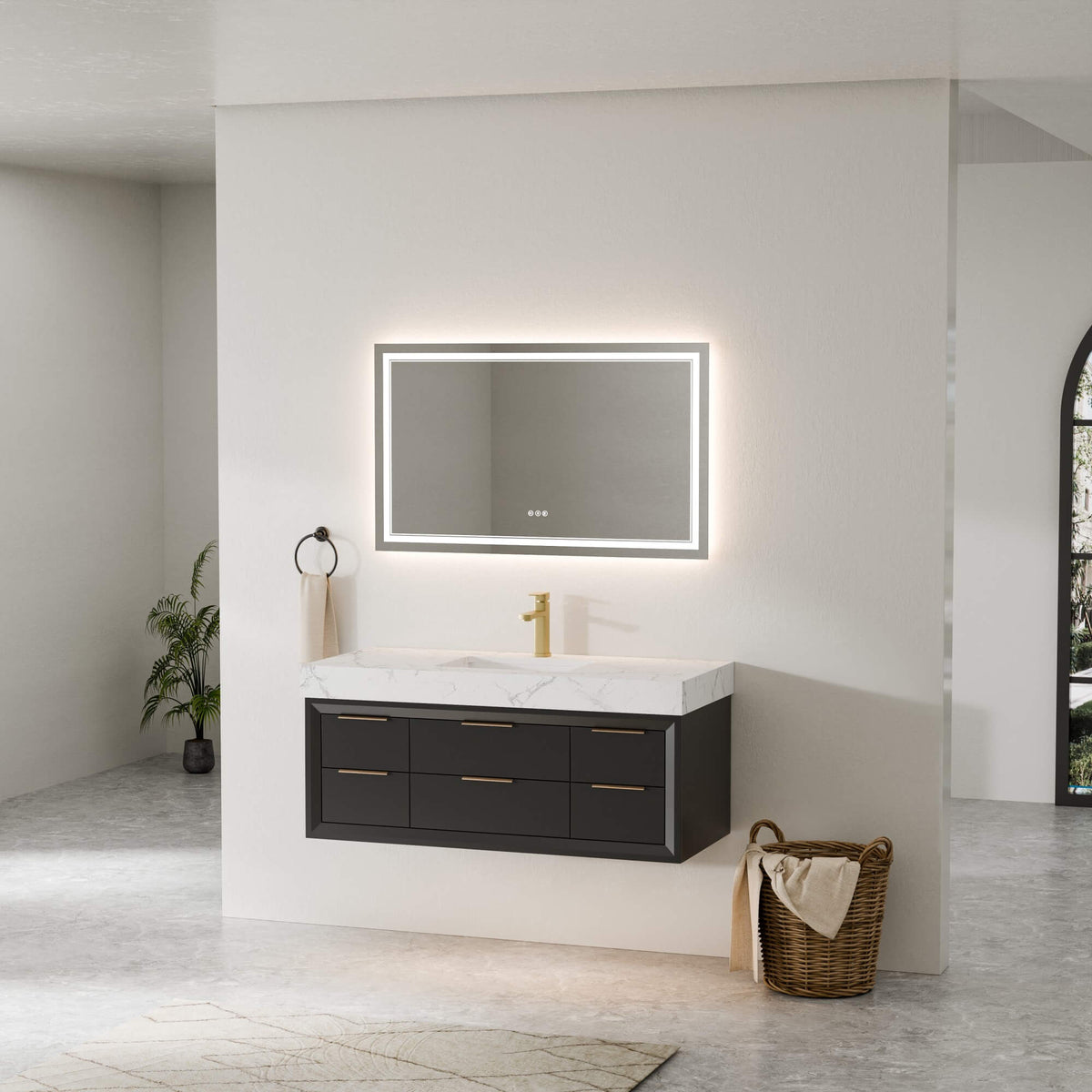 48-Inch Floating Bathroom Vanity with Sink, 6 Drawers & LED Lighting