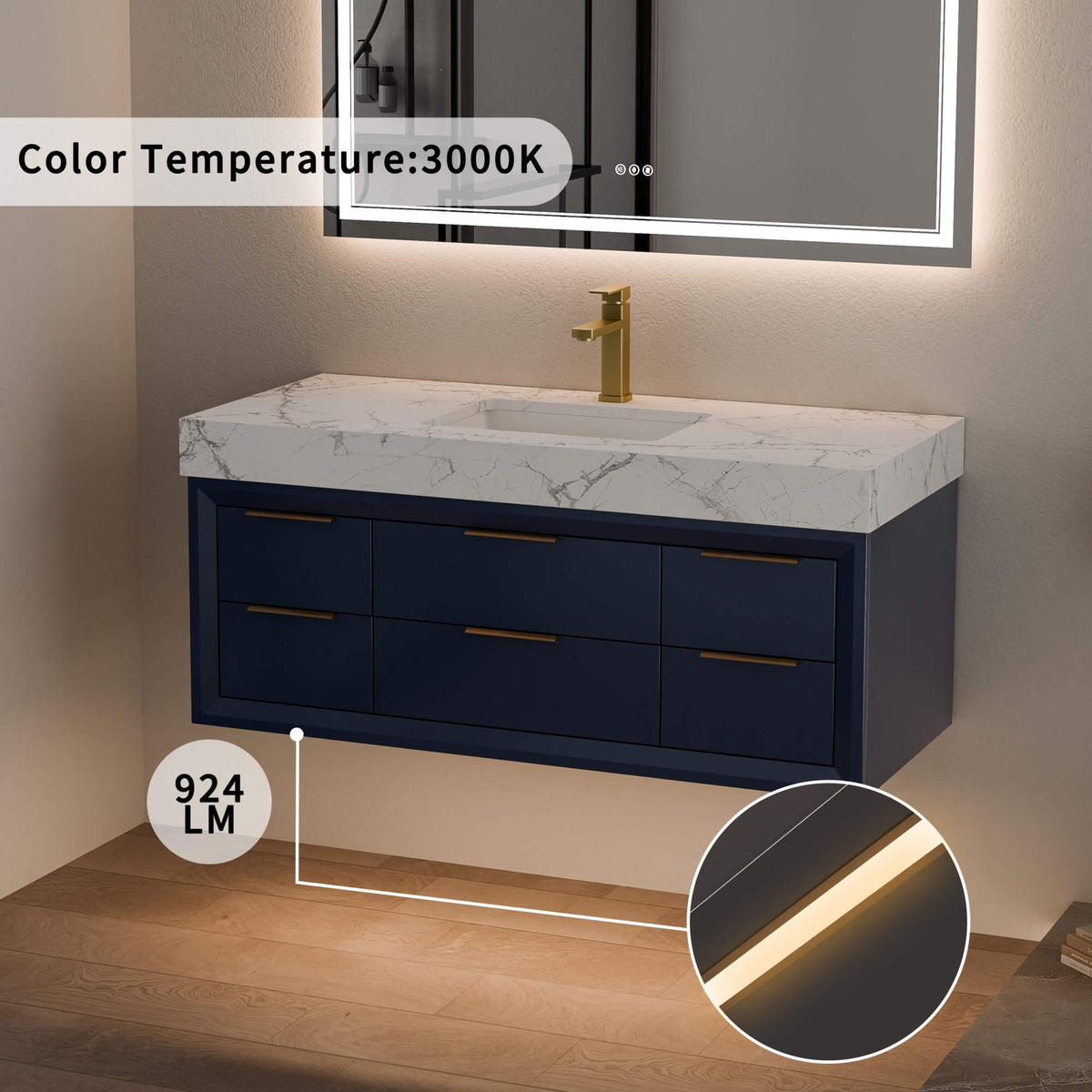 48-Inch Floating Bathroom Vanity with Sink, 6 Drawers & LED Lighting