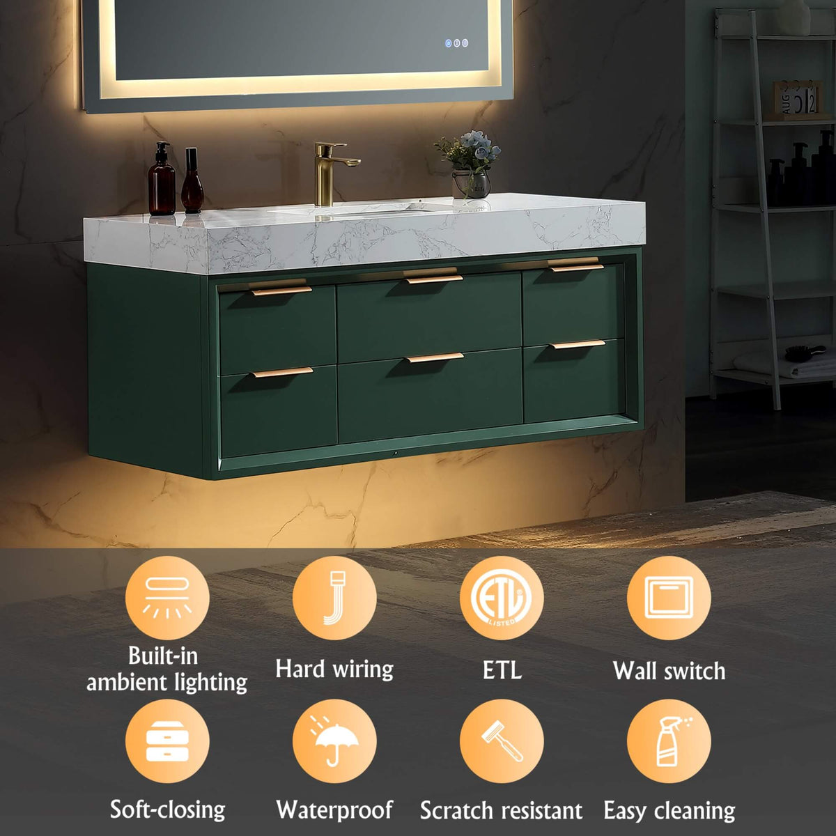 48-Inch Floating Bathroom Vanity with Sink, 6 Drawers & LED Lighting