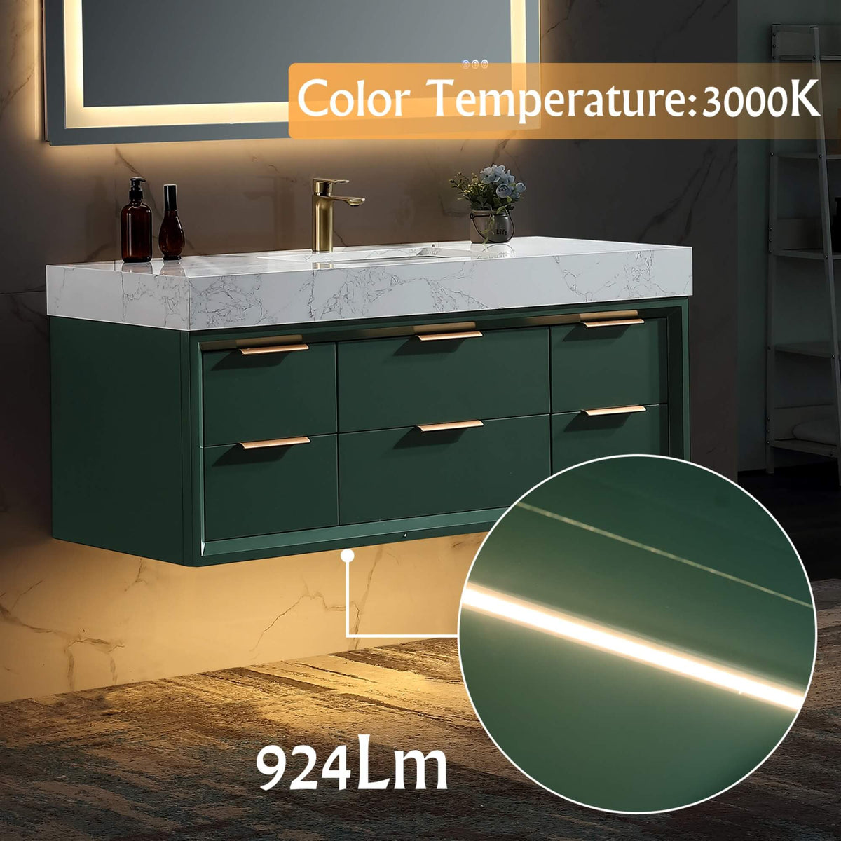 48-Inch Floating Bathroom Vanity with Sink, 6 Drawers & LED Lighting