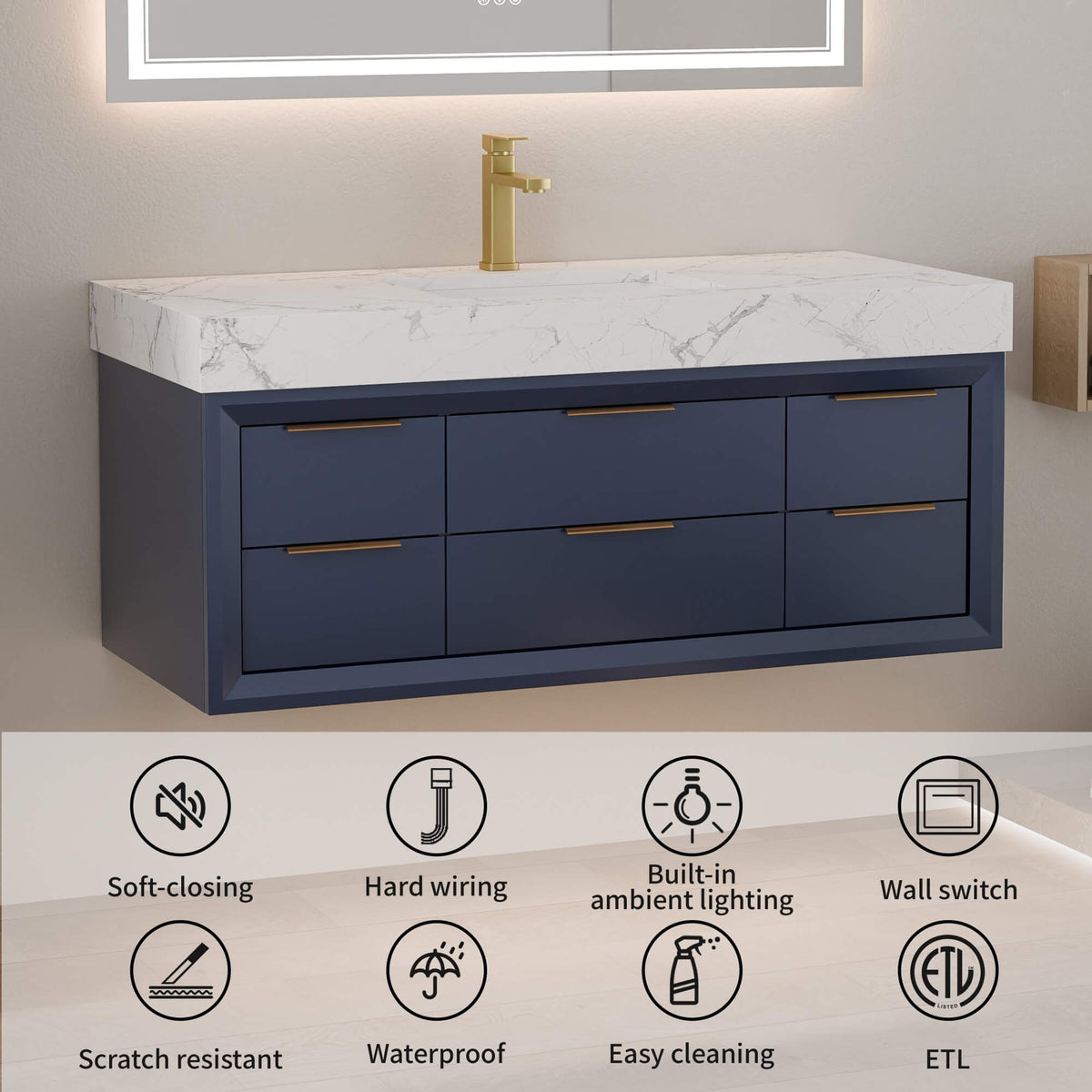 48-Inch Floating Bathroom Vanity with Sink, 6 Drawers & LED Lighting
