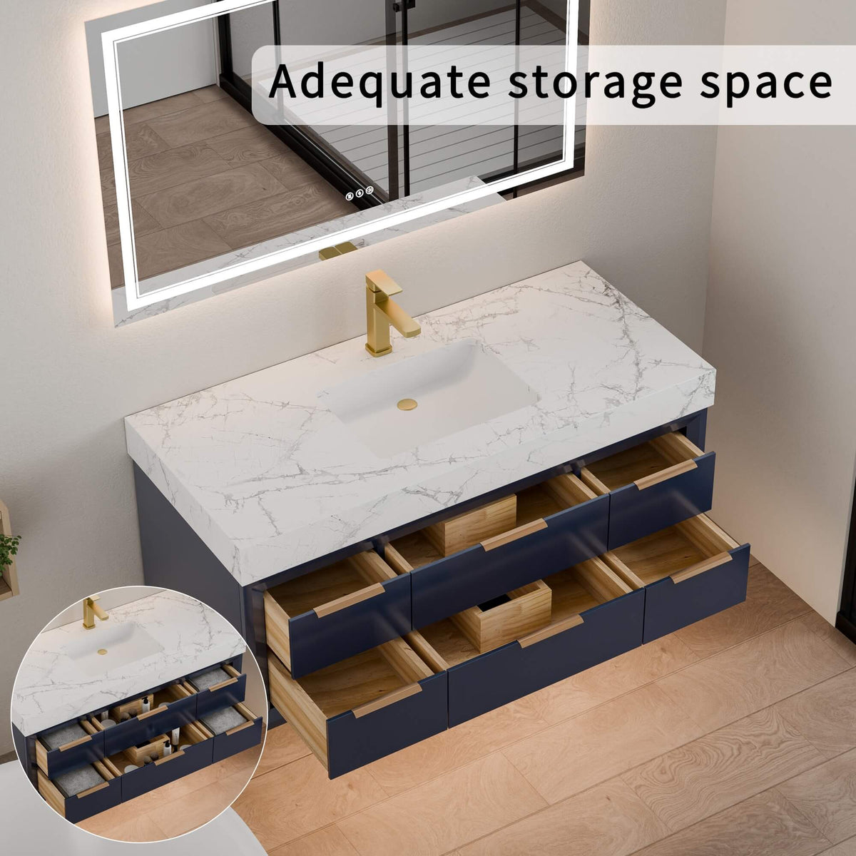 48-Inch Floating Bathroom Vanity with Sink, 6 Drawers & LED Lighting