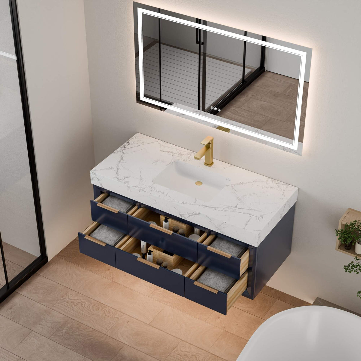 48-Inch Floating Bathroom Vanity with Sink, 6 Drawers & LED Lighting
